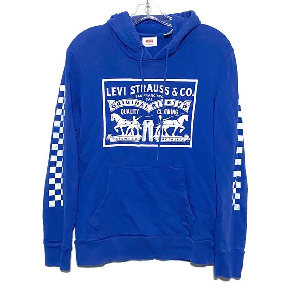 Levis Strauss Logo Two Horse Pullover Hoodie Blue Checkered Mens S Retro Y2K - Picture 2 of 10